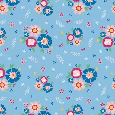 Blue and Pink Flowers on Light Blue:Pure Delight by Melanie Collette for Riley Blake
