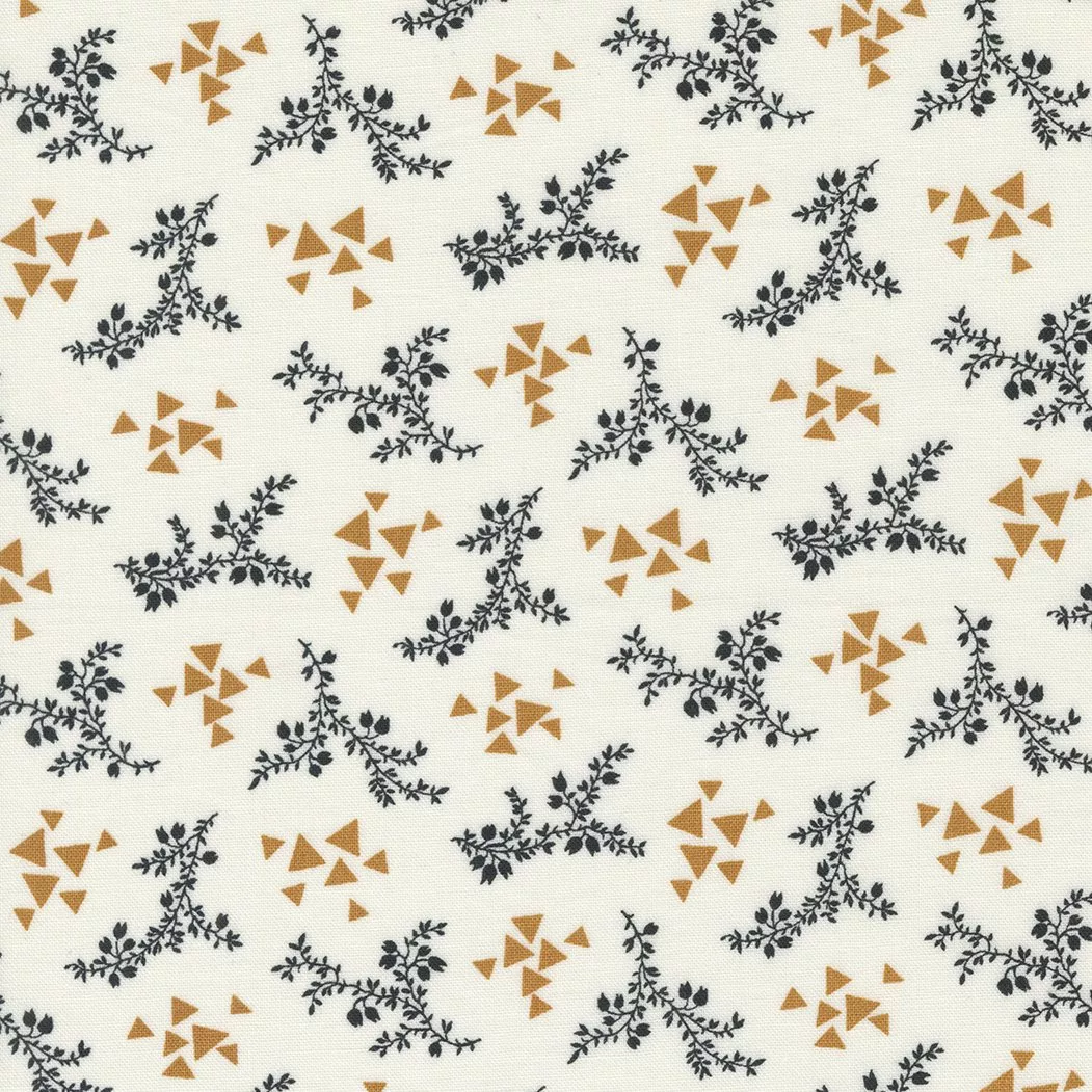 Moda Rustic Gatherings.Small black florals with geometric triangles on a cloud colored background.