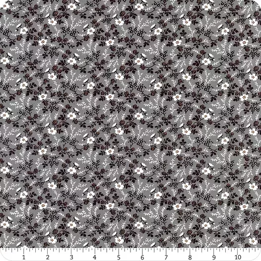 Moda Rustic Gatherings.Small white and black colored florals on a gray colored background.