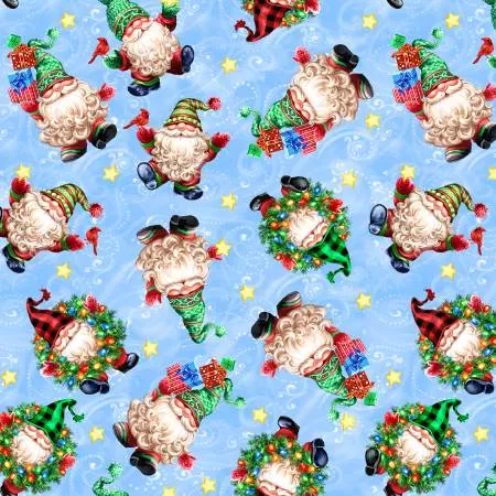 SPECIALTY FABRICS:Tossed Christmas Gnomes on Light Blue:Christmas Gnomes by Timeless Treasures